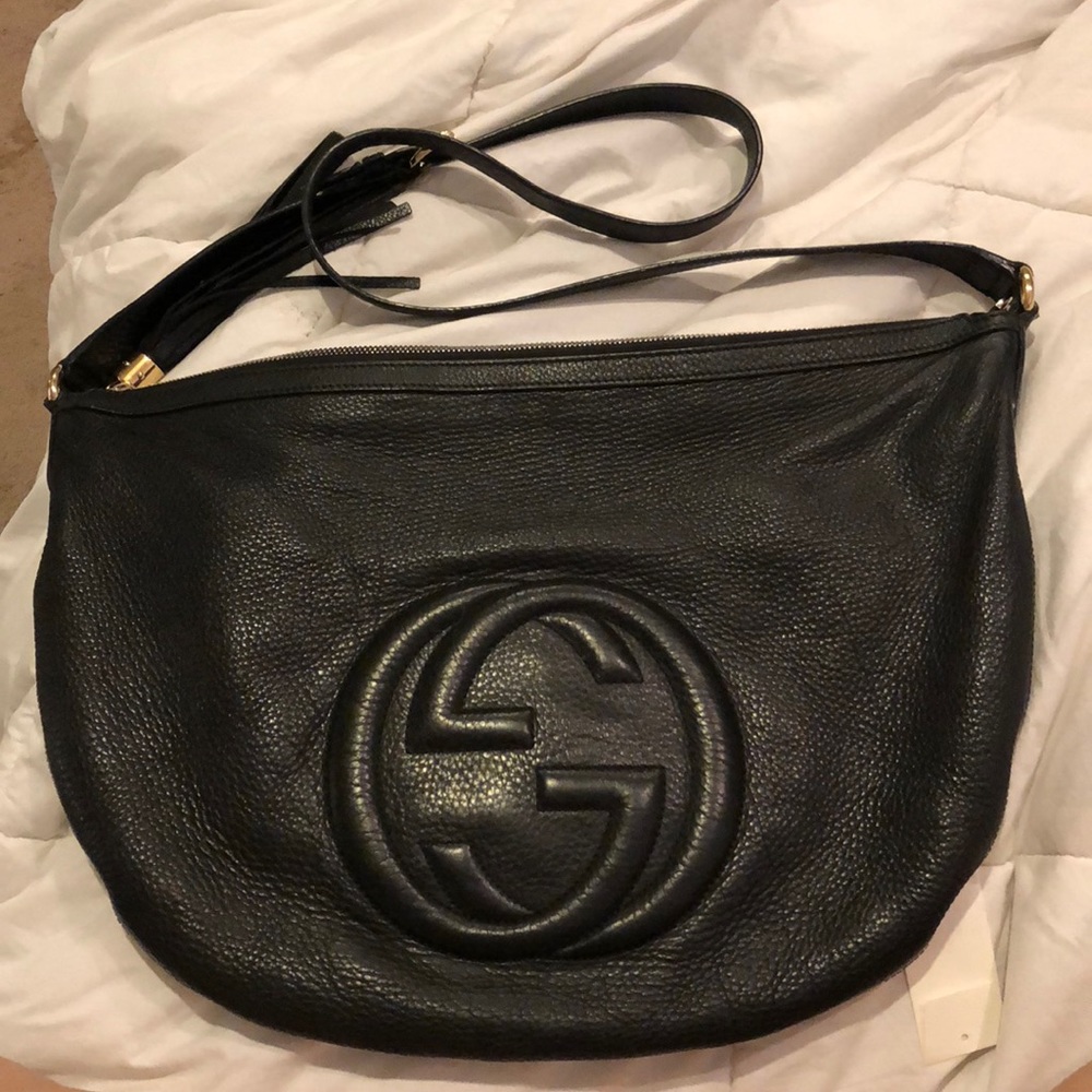 Gucci Black Leather Crossbody Bag with Embossed Logo